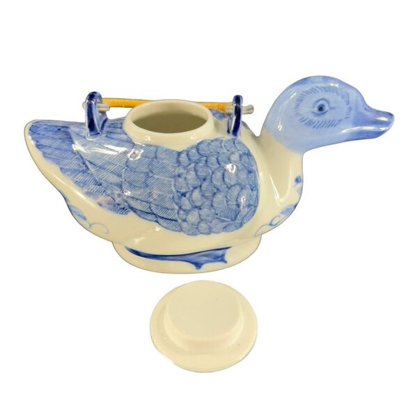 Ceramic Porcelain Duck Bird Teapot Wrapped Handle Blue White Oriental Carafe VTG - Picture 14 of 15